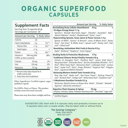PURE SYNERGY Superfood Capsules - Organic Superfood & Greens Supplement with Spirulina & Mushrooms for Energy and