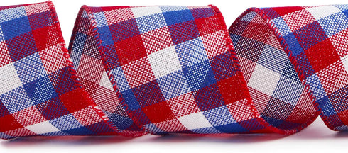 Ribbli Patriotic Check Wired Ribbon 2-1/2 Inch x 10 Yard Red/White/Blue for 4th of July, Wreaths, Outdoor Decor