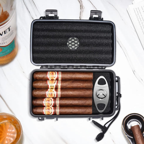 Flauno Travel Cigar Humidor Case, Portable Box with Humidifier Disc & Cutter, Waterproof and Airtight for 10 Cigars