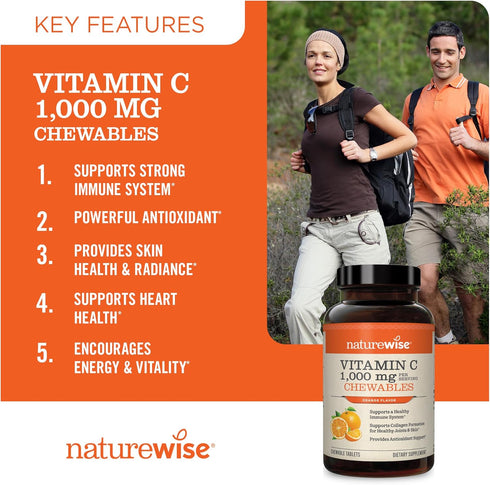 NatureWise Vitamin C 1000mg Chewable Tablets for Immune System & Collagen Support, Vegan, 90 Count