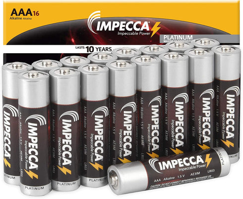 Impecca AAA Batteries High Performance Alkaline, Long Lasting Leak Resistant, LR3, Platinum Series, 16 Pack