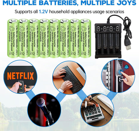 8PCS 1.2V 1800mAh Ni-MH AA Rechargeable Battery with 4 Slot USB Charger for Wireless Microphones, Electric Toys, Remote Mice, Calculators, Razors, Keyboards (8PCS Battery+Charger)