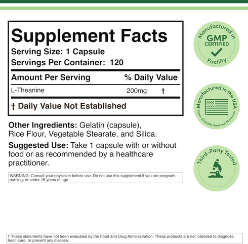 L-Theanine Supplement 200mg, 120 Capsules (Soy Free, Gluten Free, Non-GMO, Third Party Tested) with Magnesium