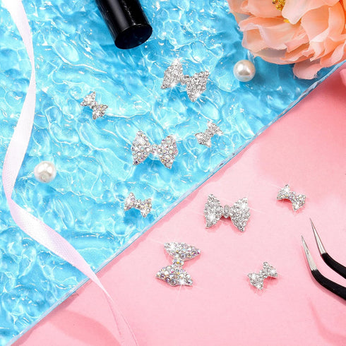 Maitys 24 Pieces Nail Bows Charms Rhinestones - 3D Alloy Pearl Bow Knot Accessory for Women DIY Valentine Salon Jewelry