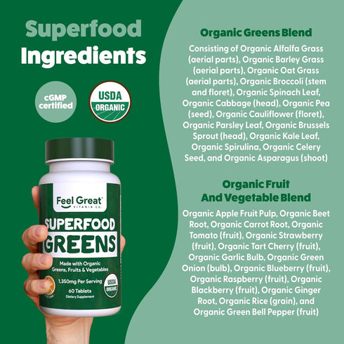 Feel Great Vitamins Super Greens Tablets, Organic Supplement with Kale, 60 Tablets