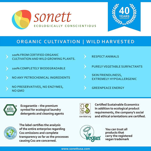 Sonett Organic Laundry Liquid Detergents, Sensitive, 1 Count, GMO Free, Certified Organically Grown