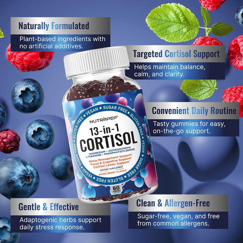 NutraPep Gummies 13-in-1 Cortisol for Women Men - High Cortisol Reducer with Ashwagandha Magnesium L-theanine Rhodiola