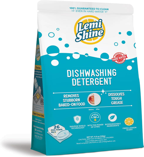 Lemi Shine Natural Dishwasher Pods, Eco-Friendly All-In-One Powder & Gel Detergent Pods with Citric Acid (26 Count)