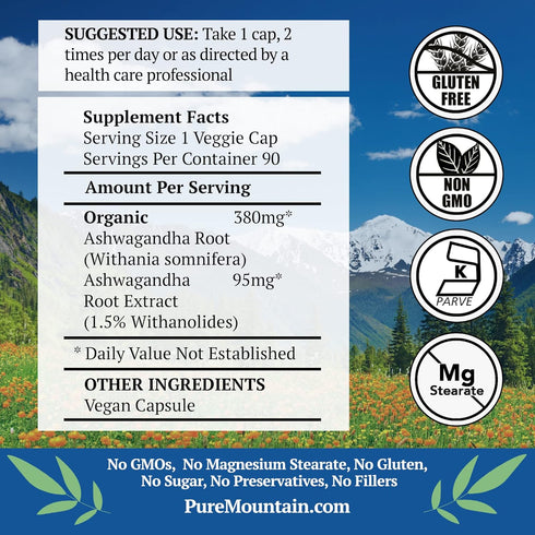 Pure Mountain Botanicals Ashwagandha Capsules - 90 Kosher Vegan Caps with 475mg Organic Ashwagandha