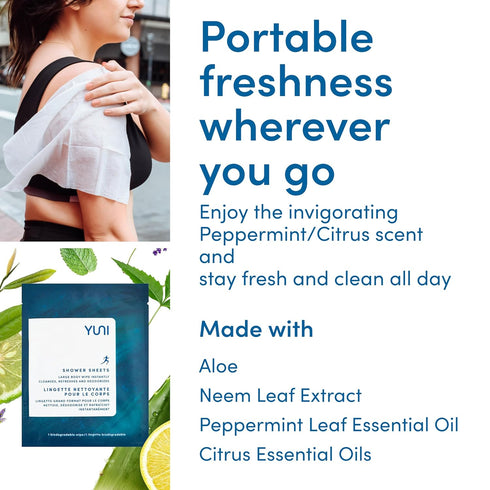 YUNI Beauty Large Body Wipes, Peppermint Citrus, 12 Count, Compostable, Biodegradable, On-the-Go Shower Alternative