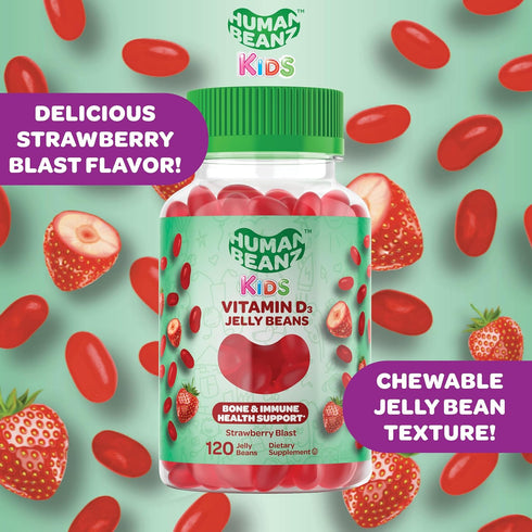Vitamin D3 Jelly Bean Gummies for Kids, 120 Strawberry Blast Jelly Beans - 25mcg/1000 IU Nutritional Vegetarian
