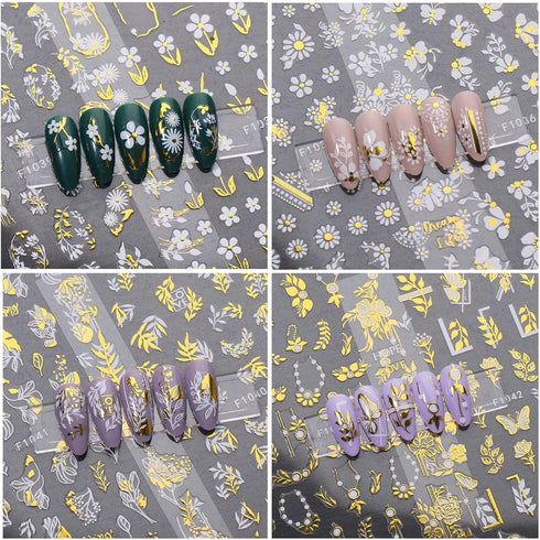 8 Sheets Gold Nail Stickers, Flower Nail Decals, 3D Self-Adhesive Leaf Nail Art Supplies for Women