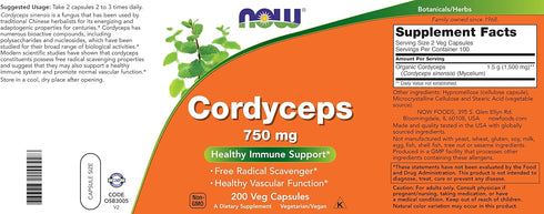 NOW Foods Cordyceps 750mg 200 Veg Caps - Organic Cordycep Sinensis Mycelium Mushroom in Non-Organic Capsules - Vegan,