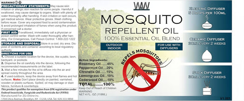 W4W Mosquito Oil - 100% Essential Oil Blend - 4 Oz - For Mosquitoes, Gnats & Other Flying Insects - Use with Diffusers,