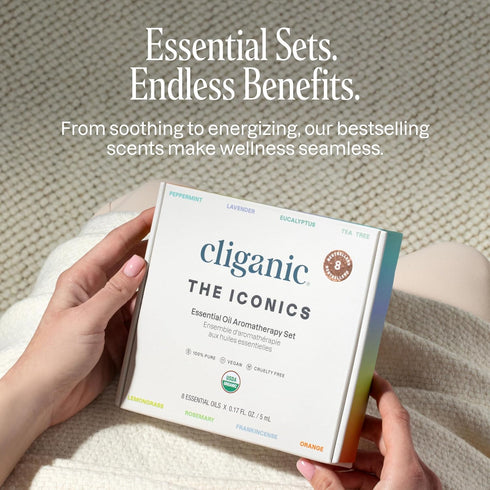Set 8 100% Cliganic Organic Aromatherapy Essential Oils Gift (Top - The Iconics), Pure - Peppermint, Lavender