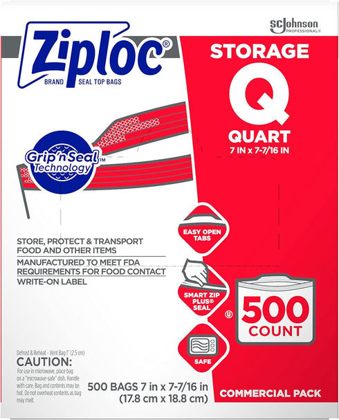 SC Johnson Professional Ziploc Storage Bags, Food Organization & Storage, Double Zipper, Quart, 500 Count