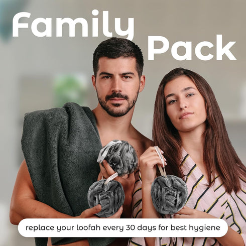 MainBasics Charcoal Infused Bath Shower Loofah Sponge Pouf Body Wash Scrubber - Set of 3