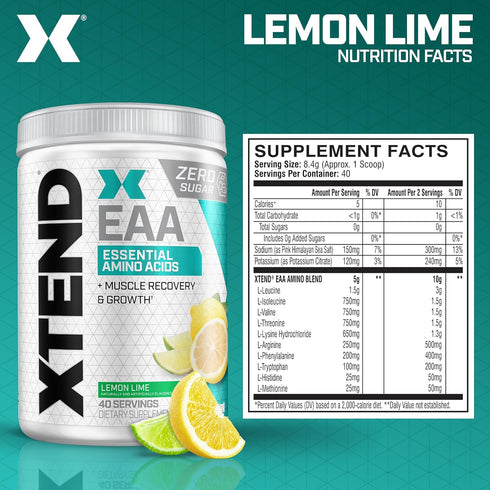 XTEND EAA + BCAA Powder | Muscle Recovery & Lean Muscle Growth | 9 Essential Amino Acids for Intra Workout or Post Workout Recovery | 10g EAAs Per 2 Servings | Lemon Lime 40 Servings