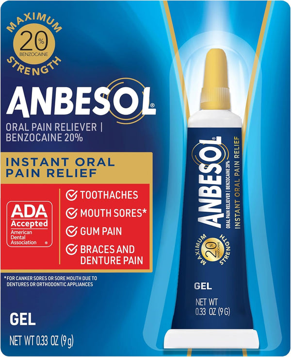 Anbesol Maximum Strength Oral Pain Relief Gel, 0.33 oz, Instant Relief for Toothache, Canker Sores, and More