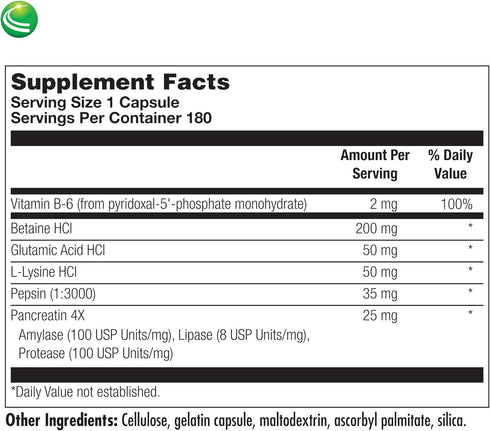 Nutra BioGenesis PanZyme - B Vitamins, Betanine HCl, and Pancreatin Digestive Enzymes, 180 Capsules