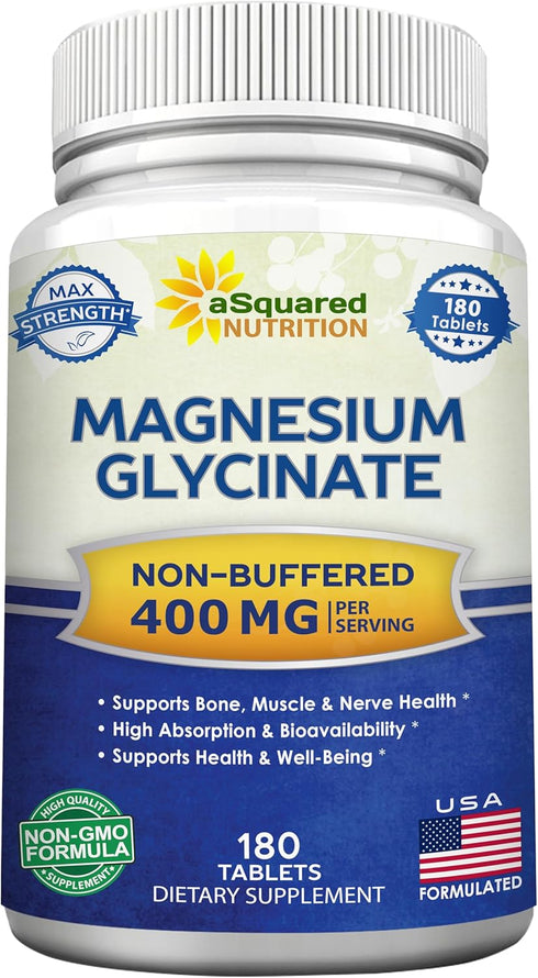 aSquared Nutrition Magnesium Glycinate 400mg - 180 Tablets, Max Strength Bisglycinate Supplement for Muscles & Heart
