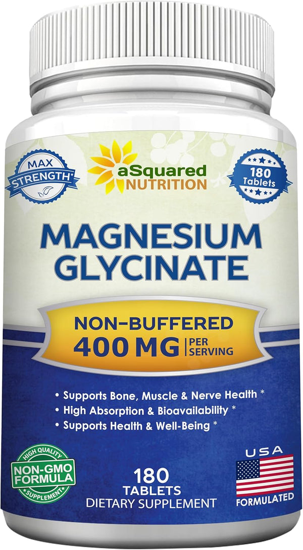 aSquared Nutrition Magnesium Glycinate 400mg - 180 Tablets, Max Strength Bisglycinate Supplement for Muscles & Heart