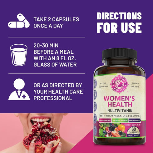 Womens Daily Multivitamin Multimineral Supplement - 60 Capsules - Energy, Mood, Focus, Hair, Skin & Nails