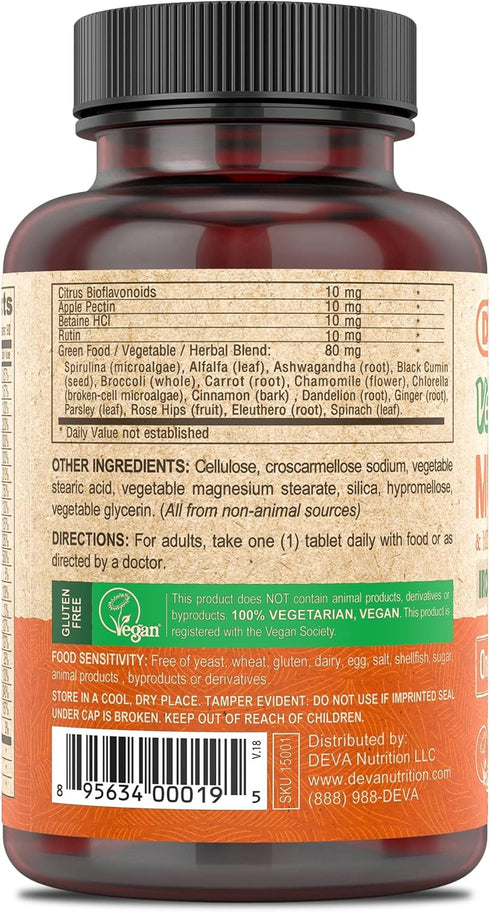 DEVA Vegan Multivitamin and Mineral Supplement - Iron Free One Daily Formula with Greens - 90 Coated Tablets