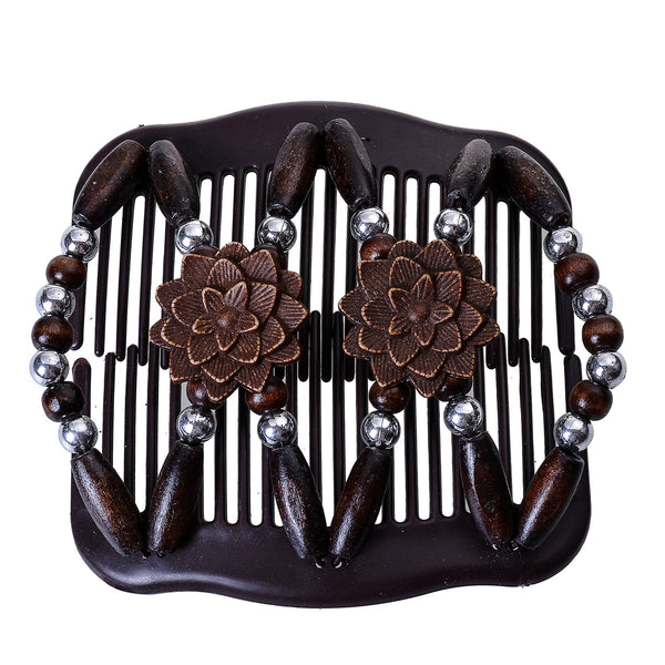LOVEF Women Magic Hair Combs, Wood Beaded Stretch Double Side Combs Clips, Bun Maker Hair Accessories (Coffee)