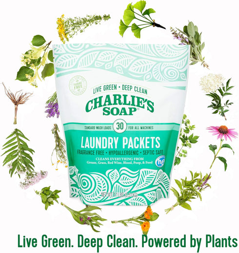 Packets 30 Count (2 Pack 60 Charlie's Soap - Unscented Powdered Laundry Total Loads)