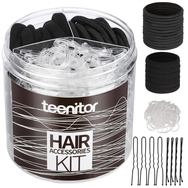 Teenitor Hair Ties Kit, 500pcs Clear Elastic Hair Bands, 30pcs Ponytail Holders, 40pcs Bobby Pins for Women