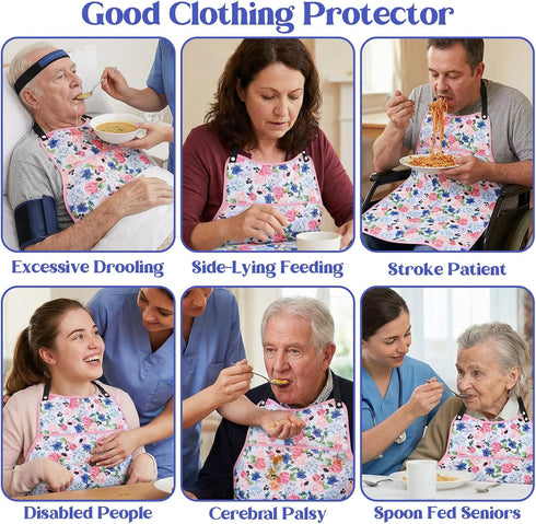 Quilax Adult Bibs for Women, Flower Pattern Adult Bibs for Seniors with Top Pocket Crumb Catcher, Waterproof Reusable
