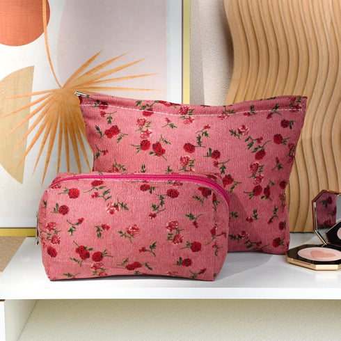 2 Pieces Red Rose Makeup Bag, Large Capacity Canvas Travel Toiletry Bag Organizer for Women
