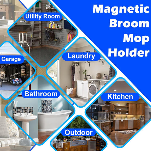 Strong Magnetic Mop Broom Holder - Heavy Duty Hanger with 4 Hooks for Organizing Cleaning Tools in Garage or Kitchen