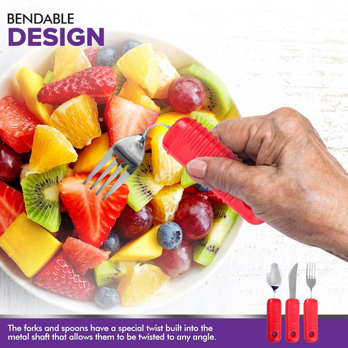 3 Piece Super Easy Grip Flatware Set - Red Fork, Knife, and Spoon, Bendable Built Up