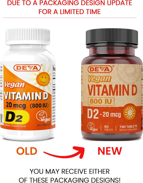DEVA Vegan Vitamin D2 800 IU Ergocalciferol Supplement, 90 Tablets, Pack of 2, No Animal Ingredients