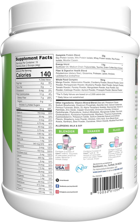 Lean1 15 Meal Replacement Protein Shake, Strawberry Flavor, Serving Tub