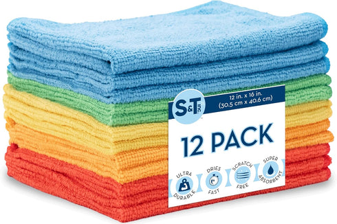 S&T INC. 12 Pack Microfiber Cleaning Cloth, 12" x 16", Bulk Reusable Lint Free Towels for Home
