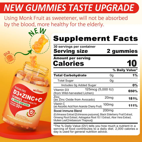 Sugar Free Vitamin C + D3 + Zinc Gummies for Adults 50+, 9 in 1 Immune Defense Supplement with D3 5000IU, Vegan - Pack