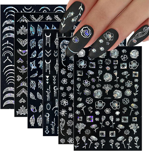 10 Sheets Flower Nail Stickers, Silver Nail Decals 3D Self-Adhesive Leaf Nail Art Stickers for Women Manicure
