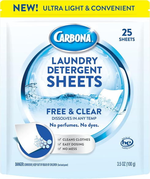 Carbona Laundry Detergent Sheets, Free & Clear, 1 Pack - 25 Sheets