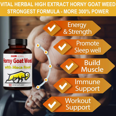 VITAL HERBAL Horny Goat Weed Capsules, Equivalent to 8250mg, Maximum Strength with Maca Root, 90 Count