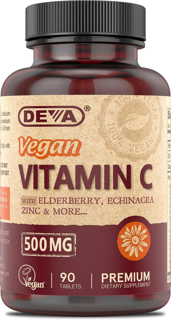 DEVA Vegan Vitamin C, 500 MG, with Elderberry, Echinacea, Zinc & More, Vegan, 90 Tablets, 1-Pack