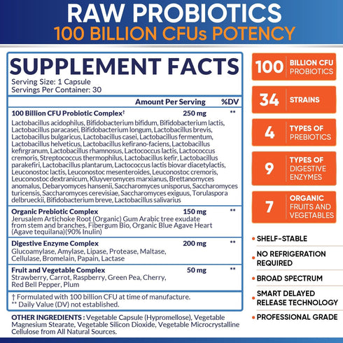 Wholesome Wellness Organic Raw Probiotics 100 Billion CFU, 30 Capsules, Complete Adult Supplement with Prebiotics