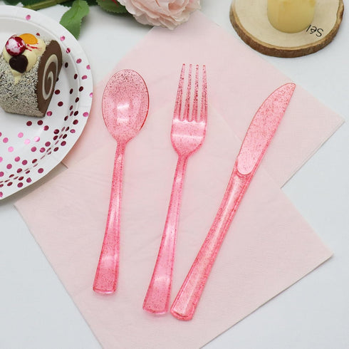 Plastic Utensils Set - 150 Pack Pink Silverware - 50 Forks, 50 Knives, 50 Spoons for Birthday, Wedding, Baby Shower