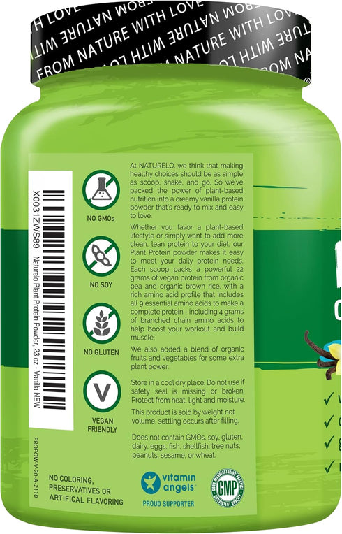 NATURELO Plant Protein Powder, Vanilla, 22g Protein - Non-GMO, Vegan, Gluten, Dairy & Soy Free - 20 Servings