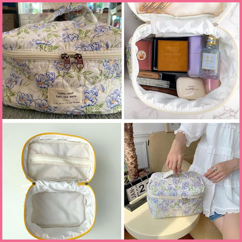 Large Travel Quilted Makeup Bag for Women, Floral Cotton Cosmetic Bag, Aesthetic Floral Toiletry Organizer