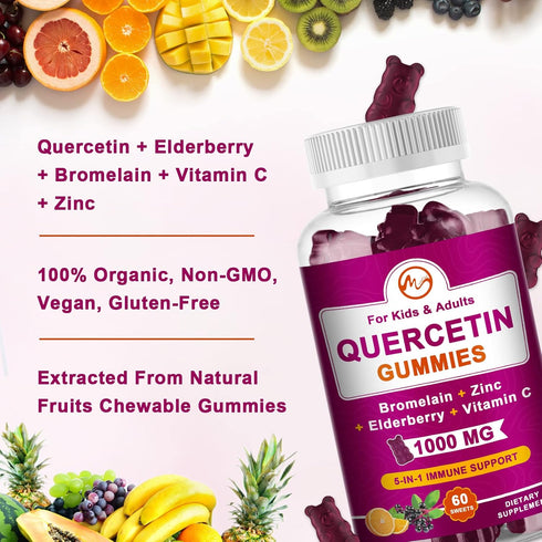 (2 Pack) Quercetin Gummies with Bromelain - Elderberry, Zinc, and Vitamin C, Chewable Quercetin 1000 mg Supplement for
