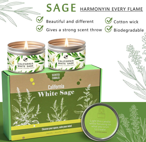 Set, 6-Pack 6oz Sage Candle Gift Natural Soy Wax Aromatherapy Scented Candles, Clean Burn & Lead-Free Cotton Wicks