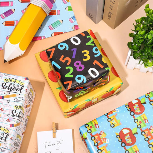 JarThenaAMCS 12 Sheets Back to School Wrapping Paper, Flat Folded Gift Wrap Paper with 6 Designs for Classroom Party